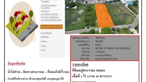 ขายที่ดินทำเลดี ใกล้แหล่งธุรกิจและการเดินทางสะดวก ติดทางด่วนสุขสวัสดิ์ – พุทธบูชา ขนาด 1 ไร่ 2 งาน 14 ตรว. โทร 0632425959