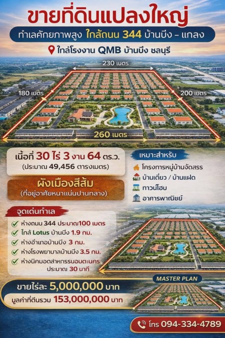 ที่ดินบ้านบึงชลบุรีราคาถูก ขายที่ดินบ้านบึง ชลบุรี 30 ไร่ ติดถนน 344 ใกล้โลตัส เหมาะทำโครงการหมู่บ้าน ราคาถูกสุด